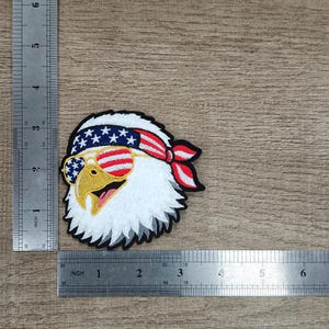 May include: An embroidered patch of a bald eagle head wearing a bandana with a blue, white, and red star and stripe pattern and sunglasses with American flag lenses. The patch measures approximately 3 inches wide and 2.75 inches tall.
