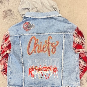 CHIEFS Denim Jacket W/plaid Sleeves - Etsy