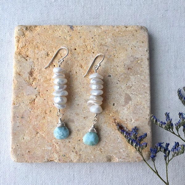 Larimar and Keshi Pearl Drop Earrings, Larimar and Pearl Earrings, Pearl and Larimar Earrings