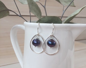 Black Pearl and Sterling Silver Teardrop Earrings