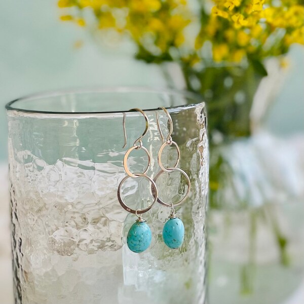 Small Double Hoop Gemstone Nugget Earrings in Sterling Silver and Turquoise