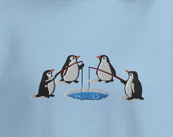 Camiseta gráfica bordada de pingüinos pescando en el hielo, camiseta de animales de invierno