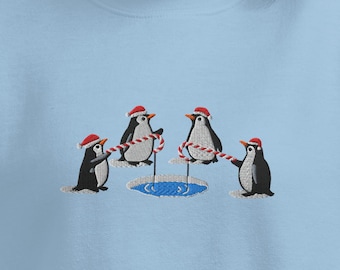Sudadera navideña bordada con pingüinos y bastones de caramelo para pescar, sudadera con capucha para las fiestas de invierno