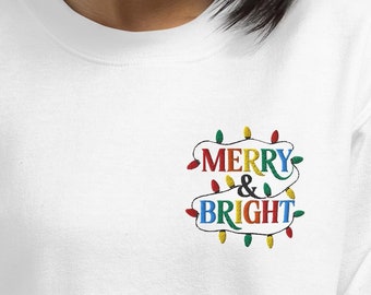 Embroidered Christmas Sweatshirt, Merry & Bright Holiday Lights