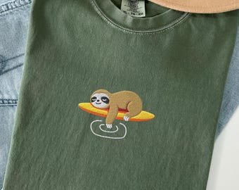Embroidered Sloth Comfort Colors T-Shirt, Oversized Surfing Tee