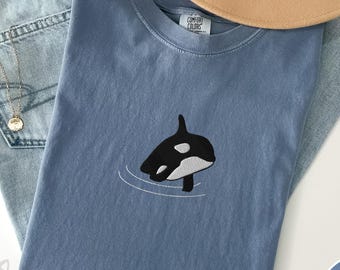 Embroidered Orca Whale Comfort Colors Tee, Ocean Lover Gift