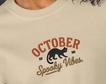 Sudadera bordada con ambiente espeluznante, cuello redondo de gato negro para Halloween