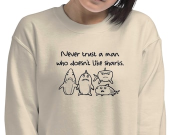 Sudadera bordada para amantes de los tiburones, con frase divertida y cuello redondo