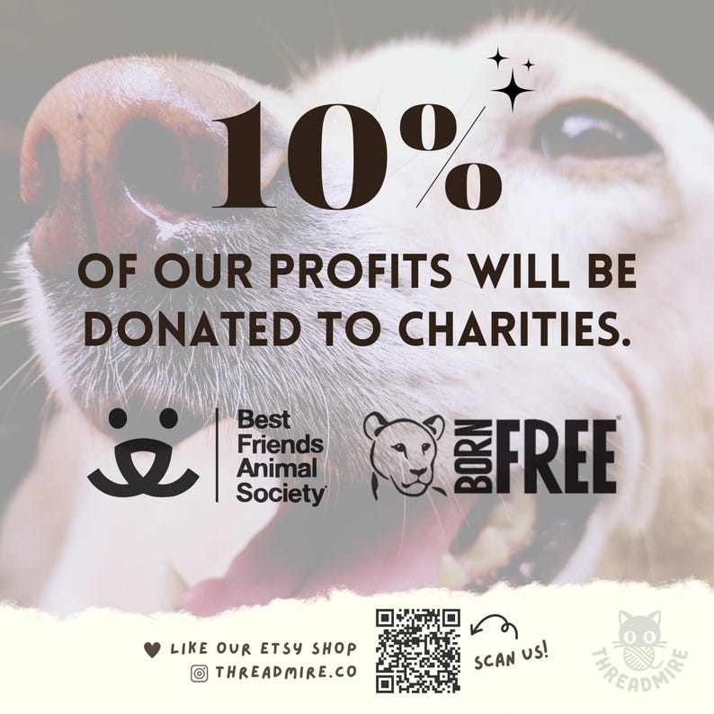 May include: A close-up of a dog's face with the text "10% of our profits will be donated to charities."  The image also includes logos for the Best Friends Animal Society and Born Free.  The text "Like our Etsy shop @threadmire.co" and a QR code are also visible.