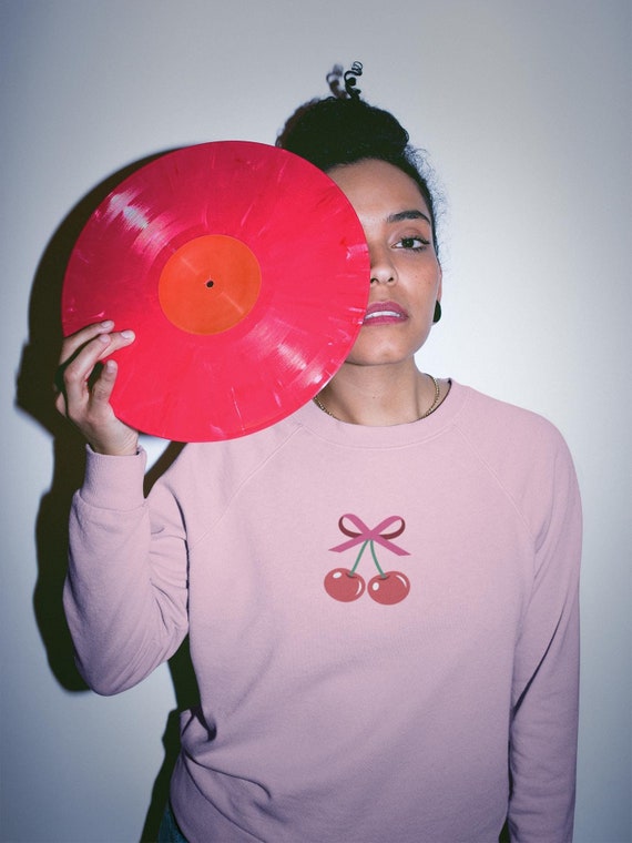 Embroidered Red Pink Cherry Bow Sweatshirt, Cute Fruit Crewneck Pullover Top, Coquette Aesthetic Soft Girl Clothing, Y2K Style Gift For Her