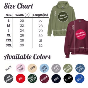 May include: Size chart for hoodies and sweatshirts with measurements in inches. The chart shows sizes S through 3XL with corresponding width and length measurements. The chart also includes a color chart with 12 different color options.