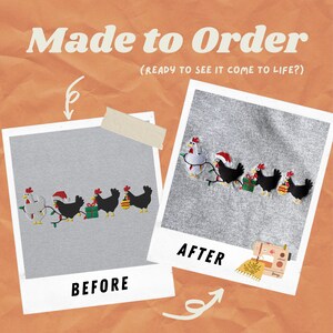 May include: Before and after image showing a custom embroidered design on a gray sweatshirt. The design features a line of black and white chickens wearing Santa hats and holding Christmas lights and gifts.