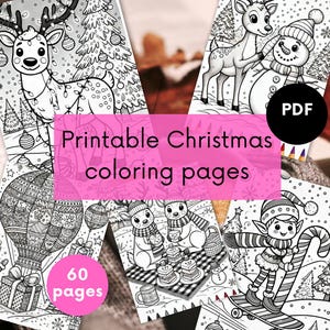 Libro para colorear navideño imprimible de 60 páginas para niños / Hojas para colorear navideñas para niños pequeños / Páginas para colorear navideñas para imprimir en casa / Kawaii para adultos