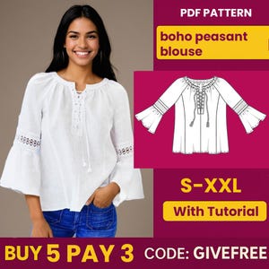 Pode incluir: Blusa camponesa boho branca com mangas sino e decote com atacadores. A imagem também inclui um gráfico de padrão PDF da blusa e o texto "S-XXL With Tutorial".
