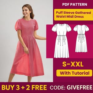 Dress Sewing Pattern PDF  | Digital Download Pattern | Beginner Friendly Dress Pattern | Puff Sleeve Gathered Waist Midi Dress pattern