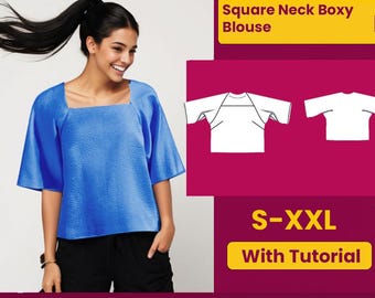 May include: A woman wearing a blue square neck boxy blouse with short sleeves. The blouse has a textured appearance. The image also includes a size chart, the text "S-XXL With Tutorial", and the text "BUY 5 PAY 3 CODE: GIVEFREE".