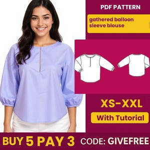 Blouse Sewing Pattern PDF  | Digital Download Pattern | Beginner Friendly Top Pattern |  gathered balloon-sleeve Blouse pattern