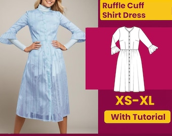 Ruffle Cuff Shirt Dress Sewing Pattern: Tie-Neck PDF (Digital Download