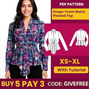Blouse Sewing Pattern PDF  | Digital Download Pattern | Beginner Friendly Top Pattern | Drape-Front Waist Pleated Top Blouse pattern