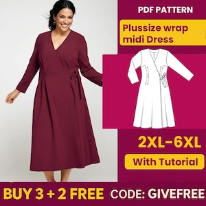 Peut inclure: Une robe midi portefeuille bordeaux à manches longues et col en V. La robe est dotée d'une ceinture à la taille et d'une jupe fluide. L'image comprend également une illustration de patron et le texte "Plussize wrap midi Dress" et "2XL-6XL With Tutorial".