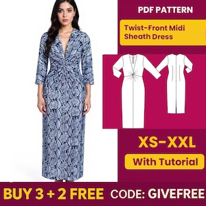 Puede incluir: Una mujer con un vestido midi de tubo con estampado de serpiente azul y blanco y diseño frontal retorcido. La imagen también incluye un patrón PDF para el vestido, disponible en tallas XS-XXL, con un tutorial.