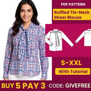 Blouse Sewing Pattern PDF  | Digital Download Pattern | Beginner Friendly Pattern | Ruffled Tie-Neck Sheer Blouse pattern