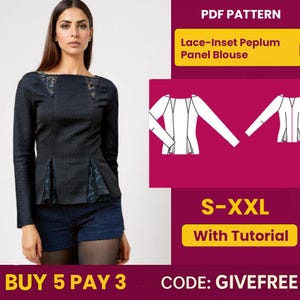 Blouse Sewing Pattern PDF  | Digital Download Pattern | Beginner Friendly Top Pattern | Lace-Inset Peplum Panel Blouse pattern