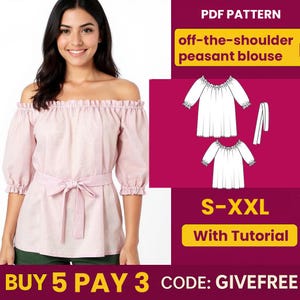 May include: A woman models a light pink off-the-shoulder peasant blouse with a matching belt. The image includes a pattern for the blouse, with text that reads "PDF Pattern", "off-the-shoulder peasant blouse", "S-XXL", and "With Tutorial".