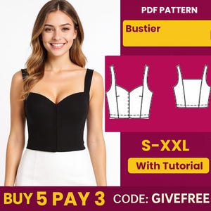 Op de afbeelding: Een zwarte bustier top met een sweetheart halslijn en brede bandjes. De afbeelding bevat een PDF-patroonafbeelding en de tekst "Bustier", "S-XXL" en "With Tutorial".