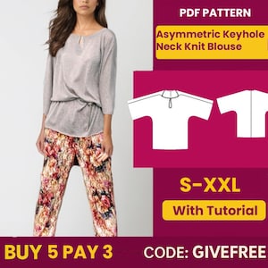 Blouse Sewing Pattern PDF  | Digital Download Pattern | Beginner Friendly Top Pattern | Asymmetric Keyhole Neck Knit Blouse pattern