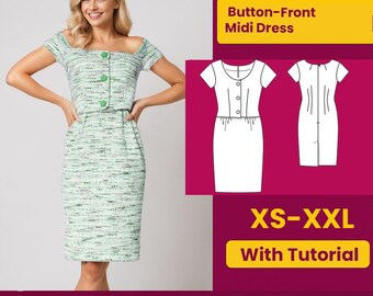 May include: A woman wearing a green and white tweed button-front midi dress. The dress has a square neckline and short sleeves. The image also includes a PDF pattern with the text "Button-Front Midi Dress" and "XS-XXL With Tutorial".