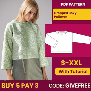 Może przedstawiać: Jasnozielony krótki, pudełkowy sweter z okrągłym dekoltem i długimi rękawami. Obraz zawiera schemat swetra oraz tekst „PDF Pattern”, „S-XXL” i „With Tutorial”.