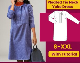 Pleated Tie Neck Dress Sewing Pattern: Beginner Friendly (PDF Download