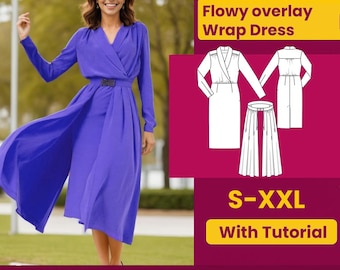 Wrap Pleated Midi Dress Sewing Pattern: Flowy Overlay & Belt (PDF Download)