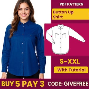Naaipatroon blouse button-up: beginner tot gemiddeld (pdf-download, S-XXL A4 afdrukbaar)