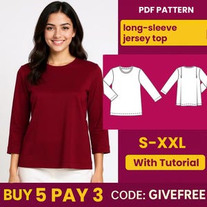 Blouse Sewing Pattern PDF: Long-Sleeve Jersey Top (Digital Download)