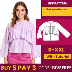 Naaipatroon blouse met ruches juk: beginnersvriendelijke doe-het-zelftop (pdf-download, S-XXL A4-afdrukbaar)
