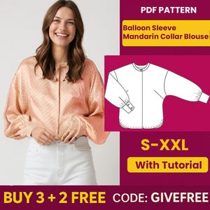 Blouse Sewing Pattern PDF  | Digital Download Pattern | Beginner Friendly Pattern | Balloon Sleeve Mandarin Collar Blouse pattern