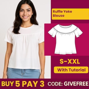 May include: A woman wearing a white short-sleeved blouse with a ruffle yoke detail. The image includes a line drawing of the blouse and text that reads "Ruffle Yoke Blouse" and "S-XXL With Tutorial".