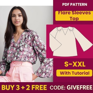 Può includere: Un cartamodello PDF per una blusa con maniche a sbuffo. Il cartamodello include le taglie S-XXL e un tutorial. L'immagine mostra una donna che indossa una blusa simile con una stampa floreale.