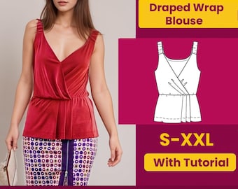 May include: A draped wrap blouse in a deep red colour is shown. The blouse has a V-neck and a wrap design. The image also includes a line drawing of the blouse, the size range S-XXL, and the text "With Tutorial". The text "BUY 3 + 2 FREE CODE: GIVEFREE" is also visible.