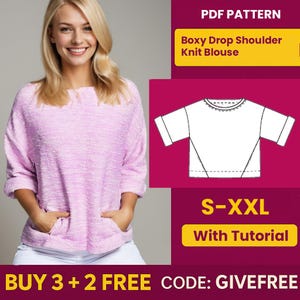 Patrón de costura de blusa en PDF / Patrón de descarga digital / Patrón para principiantes / Patrón de blusa de punto con hombros caídos y corte cuadrado