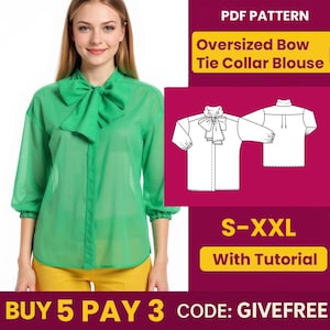 Blouse Sewing Pattern PDF  | Digital Download Pattern | Beginner Friendly Pattern | Puff Sleeve Blouse with Oversized Bow Tie Collar pattern