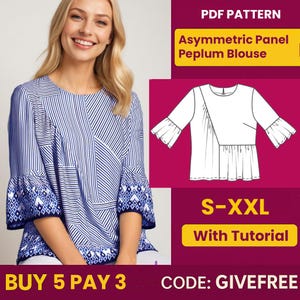Blouse Sewing Pattern PDF  | Digital Download Pattern | Beginner Friendly Top Pattern | Asymmetric Panel Peplum Blouse Flounce Sleeves