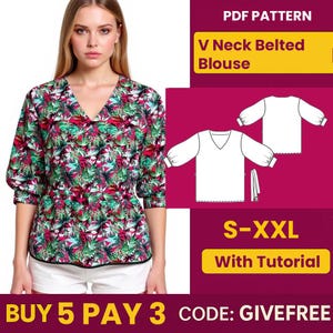 Blouse Sewing Pattern PDF  | Digital Download Pattern | Beginner Friendly Top Pattern | DIY Women&#39;s Clothing  | Belted Blouse pattern