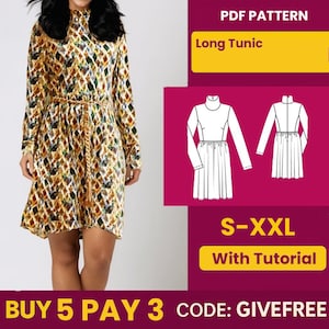 Patrón de costura de blusa en PDF / Patrón de descarga digital / Patrón de blusa para principiantes / Patrón de blusa túnica larga