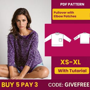 Puede incluir: Un jersey morado con coderas. El suéter tiene cuello alto y mangas largas. La imagen también incluye un diagrama del jersey y el texto "PDF Pattern", "XS-XL With Tutorial".