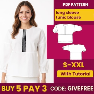 Patrón de costura de blusa en PDF / Patrón de descarga digital / Patrón de blusa para principiantes / Patrón de blusa túnica de manga larga