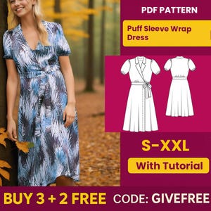Dress Sewing Pattern PDF  | Digital Download Pattern | Beginner Friendly Dress Pattern | Puff Sleeve Wrap Dress pattern