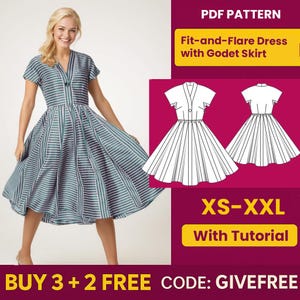 Puede incluir: Una mujer con un vestido ajustado y acampanado a rayas azules y blancas con una falda godet. La imagen incluye un patrón PDF con el texto "Fit-and-Flare Dress with Godet Skirt" y "XS-XXL With Tutorial".